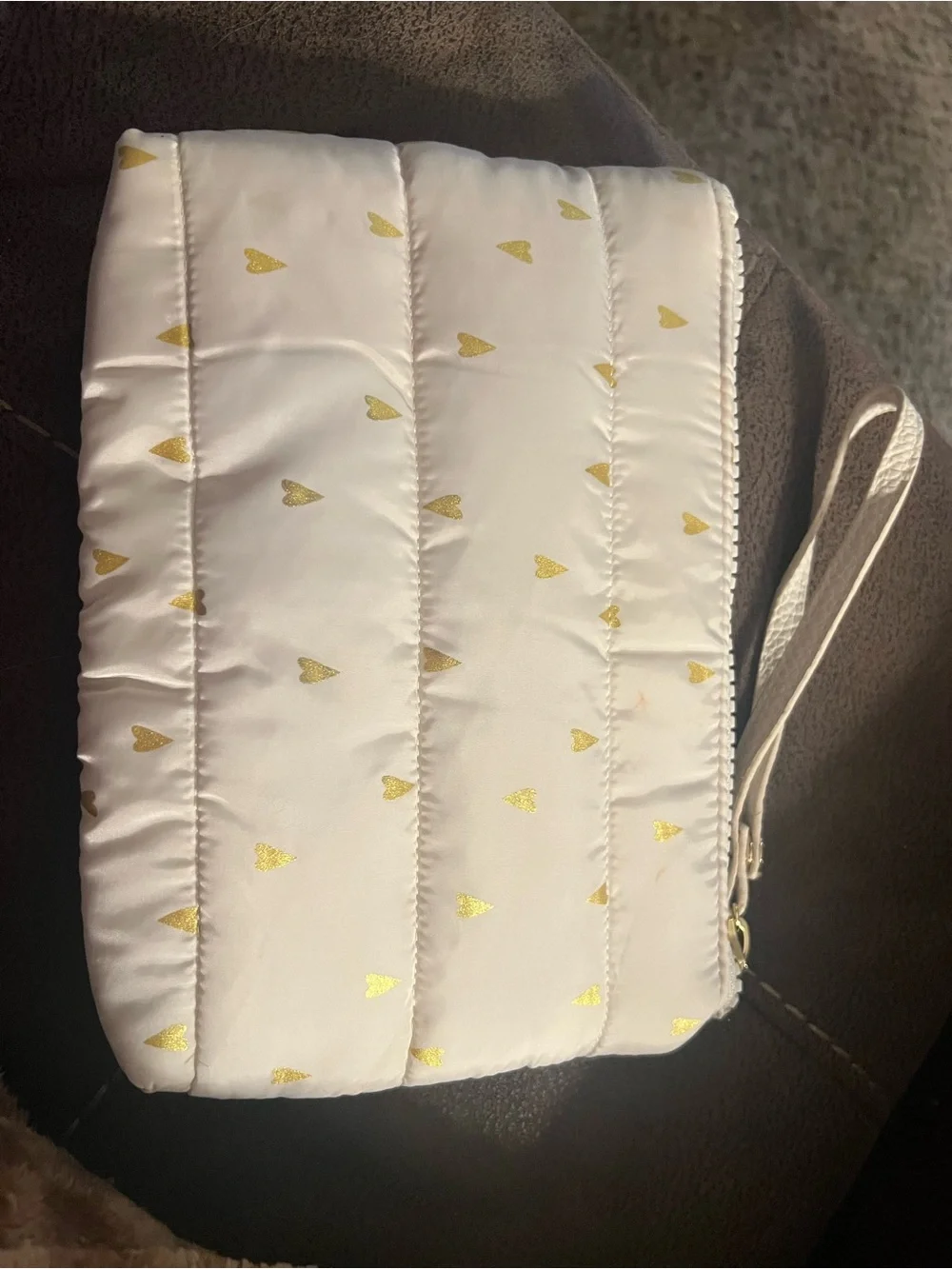 Women's White Wristlet Quilted Clutch with Gold Heart Accents